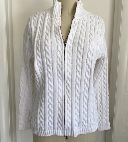 LL Bean Fischer-Cardigan Zopfmuster Pullover Damen Medium durchgehender Reißverschluss Baumwolle