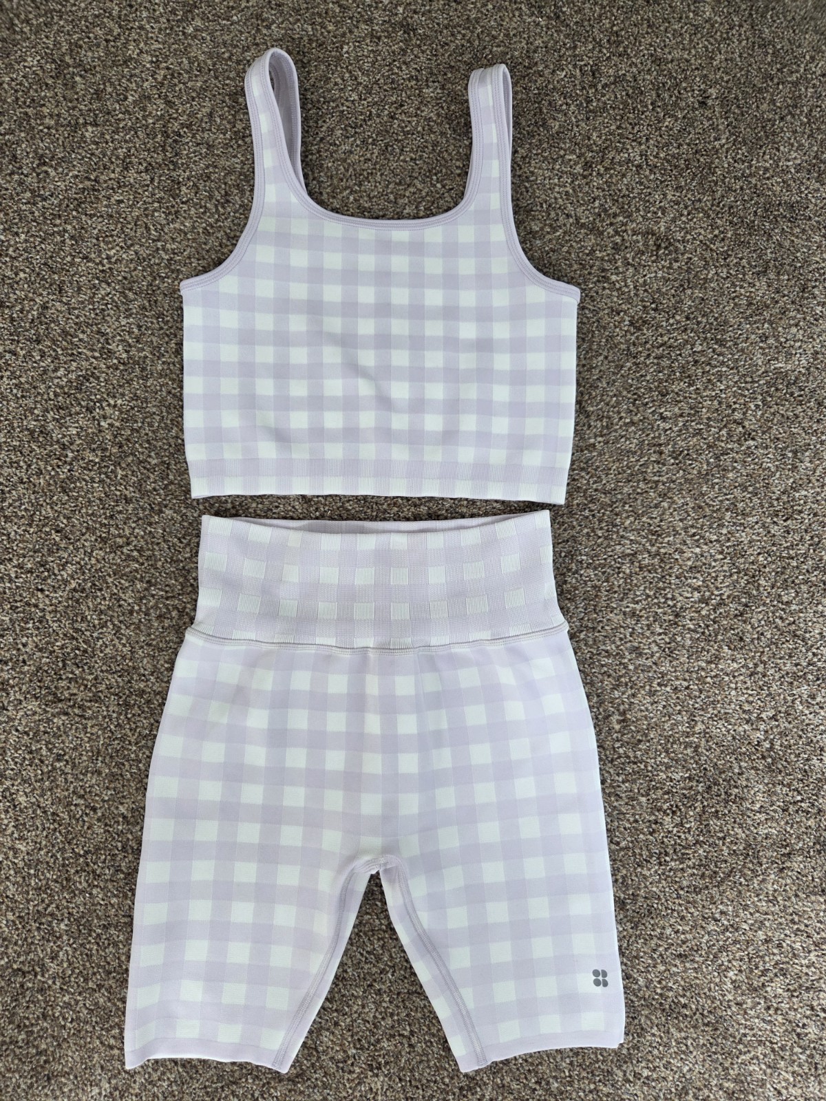 Sweaty Betty Cycling Biker Shorts And Crop Top Gincham Lilac And White