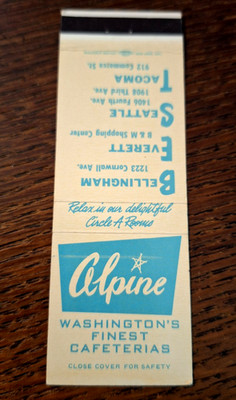 Vintage Matchbook: Alpine Cafeterias, Bellingham-Everett-Seattle-Tacoma, WA