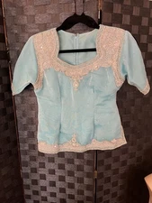 Vintage Women’s Handmade Small Floral Embellished Beaded Sea Green Silk Blouse