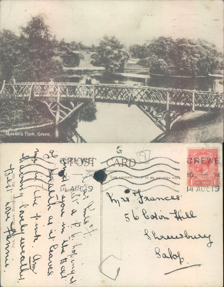 Queen's Park bridge and lake Crewe Photochrom Co Ltd 1909 postmark Landscapes - Image 1 of 1
