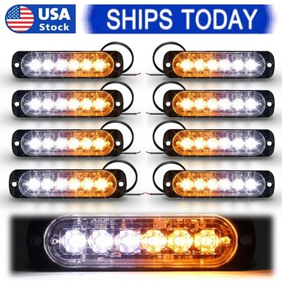 8 X Amber White 6 LED Strobe Light Bar Car Truck Flashing Warning Hazard Beacon