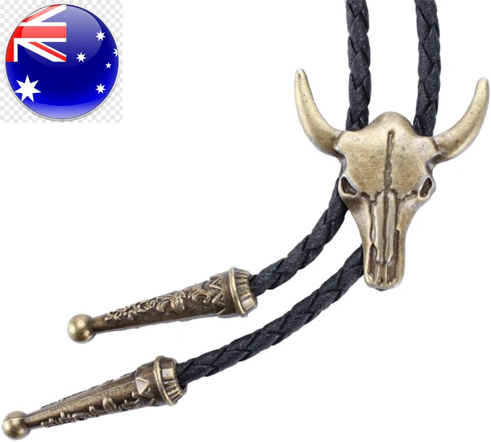Western Vintage Bolo Tie for Men - Cow Skull Design Cowboy Tie - Black Leather B