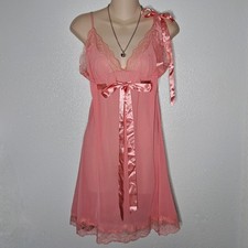 Victoria's Secret Pink Sheer Lace Babydoll Slip Dress Ribbon Tie Lingerie