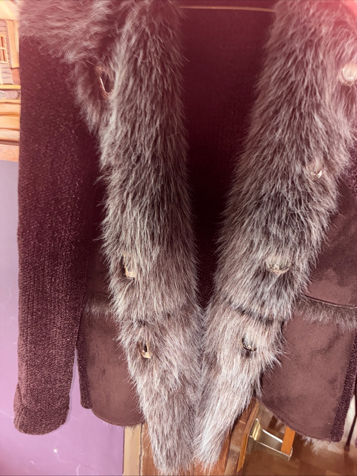 Brown suede Sweater Jacket Toggle Closure fur tri… - image 3