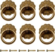 6Pcs Antique Brass Ring Pulls Vintage Cabinet Small Ring Pulls Knobs Handles for