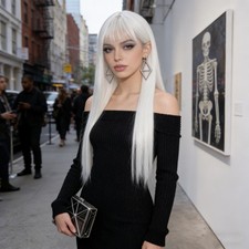 Women Air Bangs Long Straight White Heat Resistant Synthetic Full Wig Cosplay