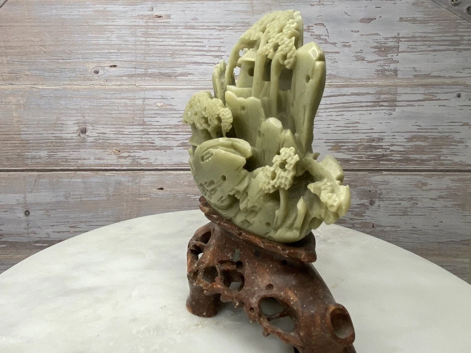 ЛУЧШЕЕ ПРЕДЛОЖЕНИЕ — антикварная китайская нефритовая резьба — нефритовая скульптура деревьев пагоды волн - Изображение 2 из 4