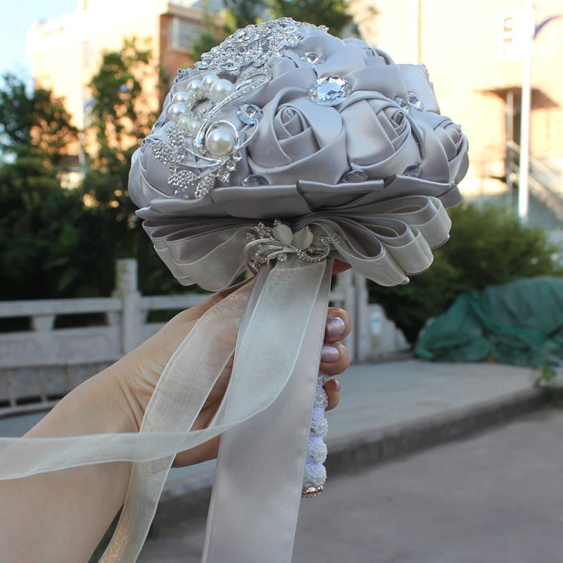 Handmade Luxury Silk Rose Rhinestone Pearl Brooch Wedding Bridal Bouquet  - Image 3 of 4