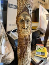 Rustic Hand-Carved Wooden Broom with Wizard Face Witch Besom Prop Harry Potter