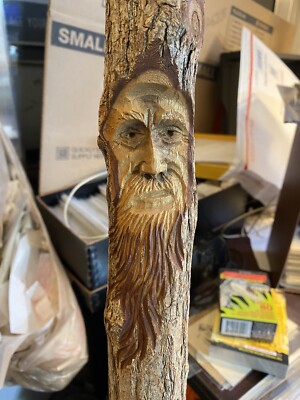 Rustic Hand-Carved Wooden Broom with Wizard Face Witch Besom Prop Harry Potter