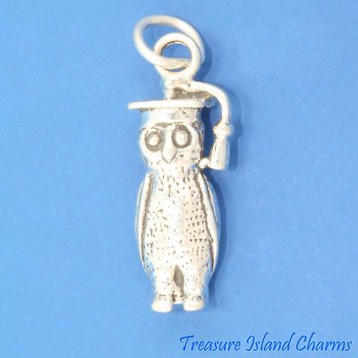 Wise Owl Graduate Graduation Academic Cap Professor 3D 925 Sterling Silver Charm
