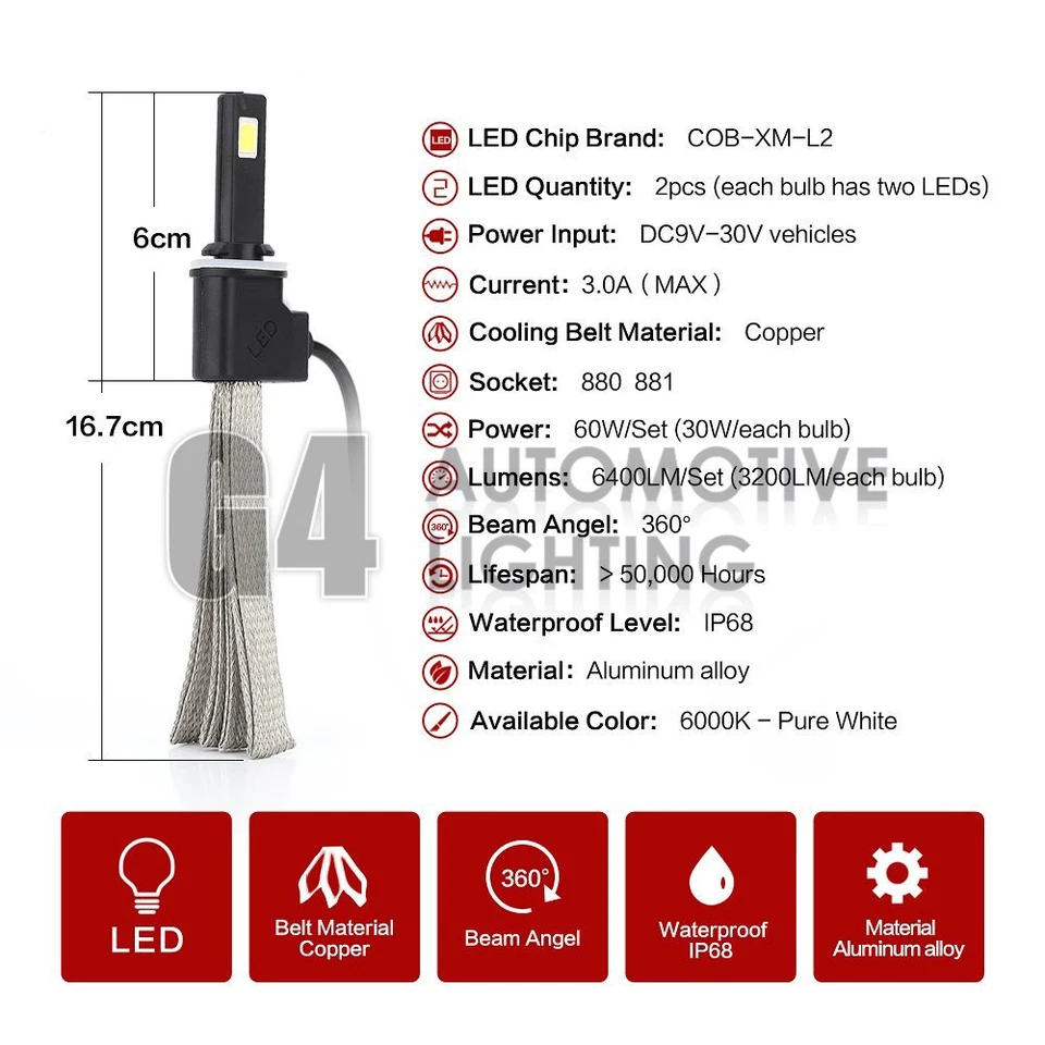 2x Fanless 880 881 Canbus LED Headlight Kit 6000K Xenon White Bulb Super Bright - Image 3 of 4