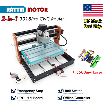 【USA】CNC 3018-PRO Mini Router Engraving Machine +Limit,E-Stop +Handle+5.5W laser