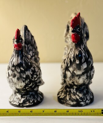 Vintage Ceramic Rooster & Hen Set Black White Farmhouse Kitchen Decor Country