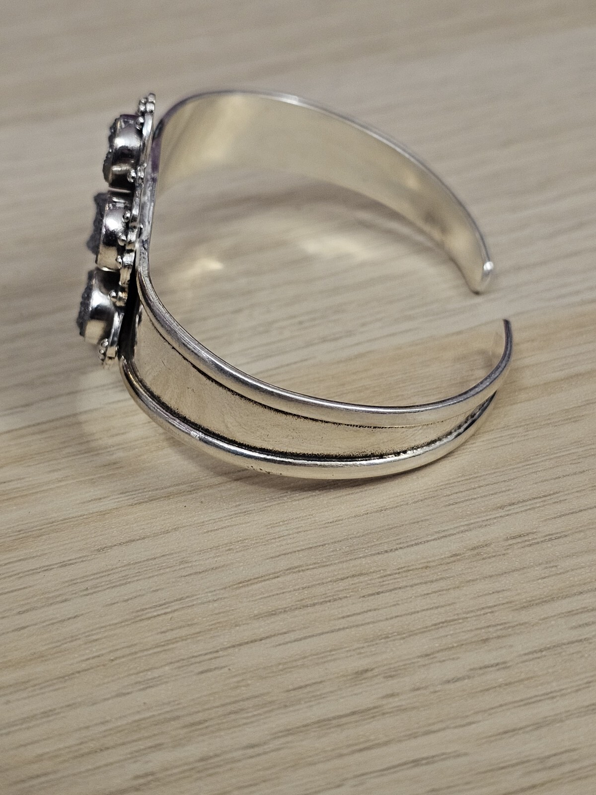 Photo 5 of Sterling Silver Druzy Quartz Flower Bangle Bracelet Large Wrist Adjustable