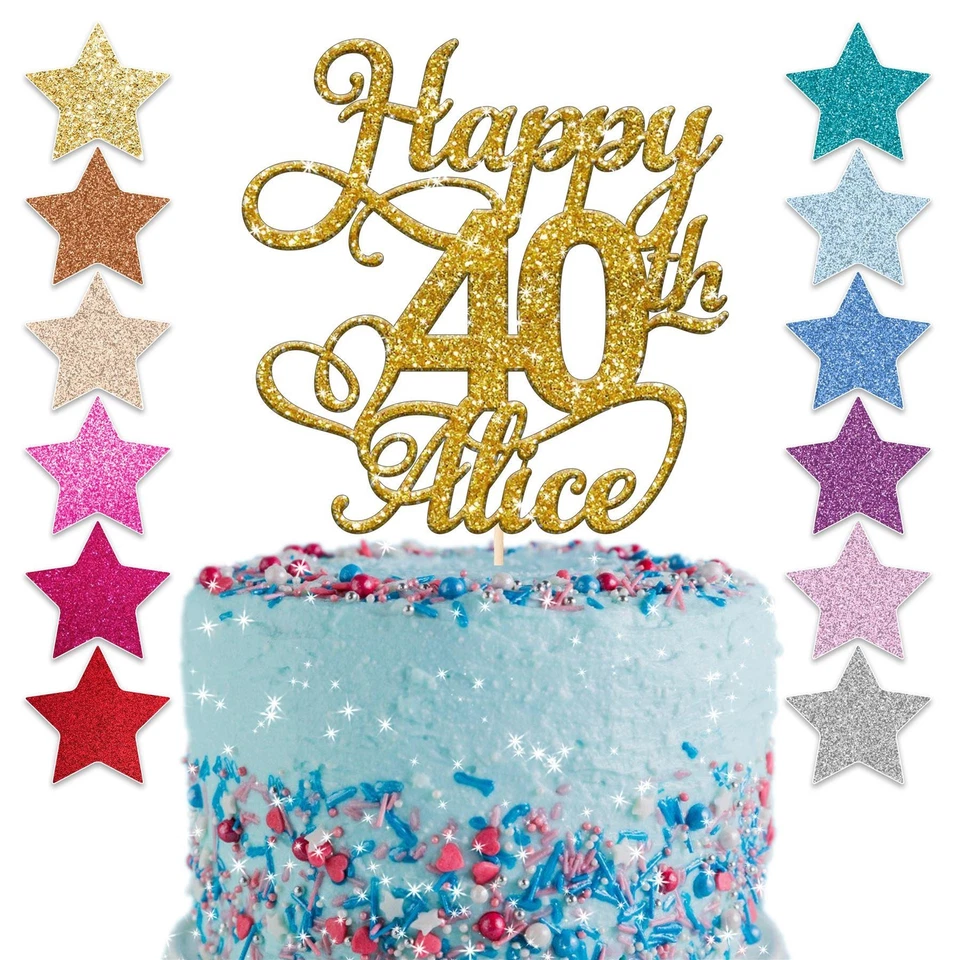 YOUNIQUE GIFTS Happy Birthday Glitter Cake Topper Personalised Any Name Age 18th 21st 30th 40th