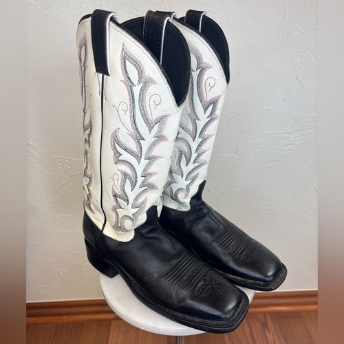 JUSTIN Women's Cowboy Western Boot Black White Square Leather Bent Rail Toe Sz 9