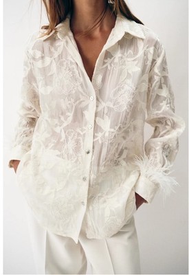 ZARA Feather Embroidered Blouse Shirt Top Ecru Women's Sz Large