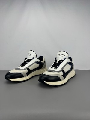 Prada Prax 01 Suede & Leather Low Top Sneakers White Navy