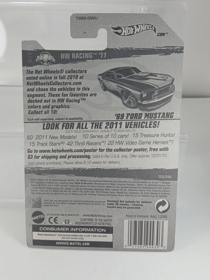 Hot Wheels HW Racing '11 Black And Blue '69 Ford Mustang (2010) Toy Car 155/244 - Image 4 of 4