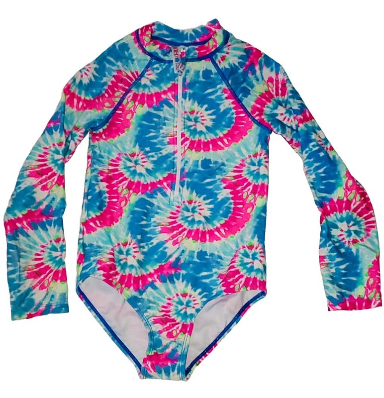 Limited Too Girls Tie Dye Rash Guard Swimsuit Size 10/12 Blue Pink UPF