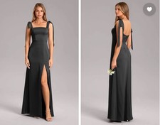 Azazie Frostine Black Satin A-Line Bridesmaids Dress, Size 0