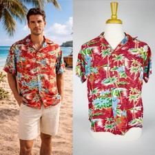 50s Hawaiian Button Up Rayon Shirt Palm Trees Flowers Sailboat VTG