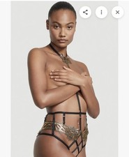 Victoria's Secret Black/Gold Floral Lace Teddy Bodysuit L Adjustable Straps