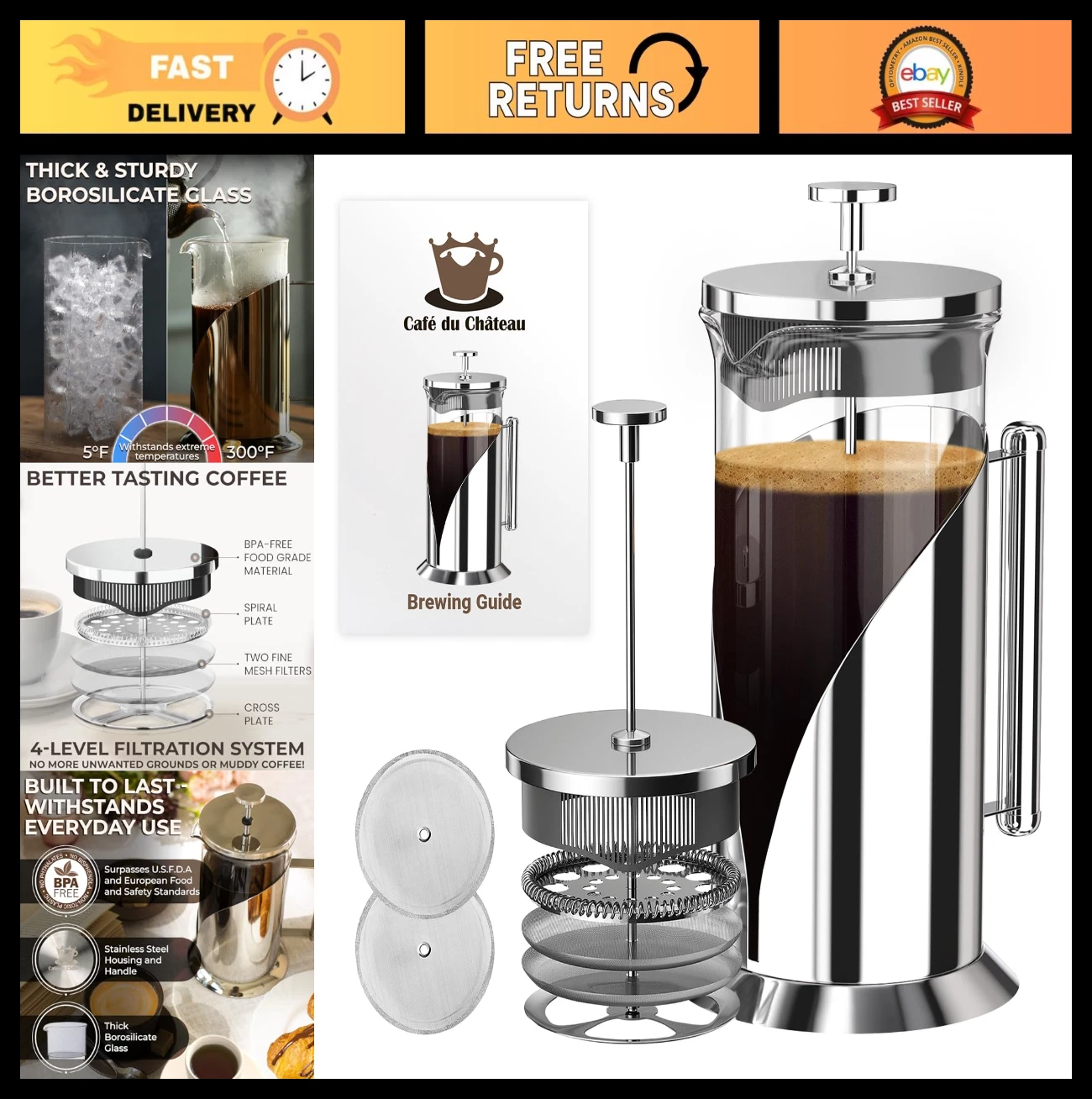 Stainless Steel French Press Coffee Maker 34 oz - Insulated, 4-Level Filtration,