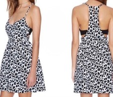 MINKPINK White Black Leopard Print A-Line Dress V-Neck Spaghetti Strap XS