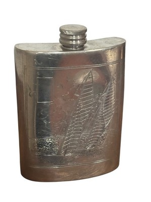 C. Currey Ltd Pewter Flask Chichester ENGLAND Sailboat Lighthouse Nautical