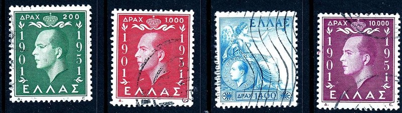 GREECE 1952 KING PAUL I  ANNIVERSARY SC#545-48 used  CV$16.85 ROYALTY
