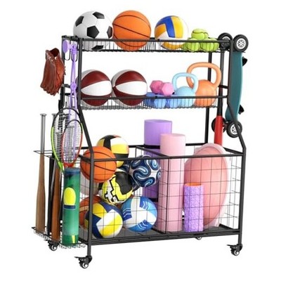  Sports Equipment Garage Organizer - Garage Ball Storage Rack with Basket, 