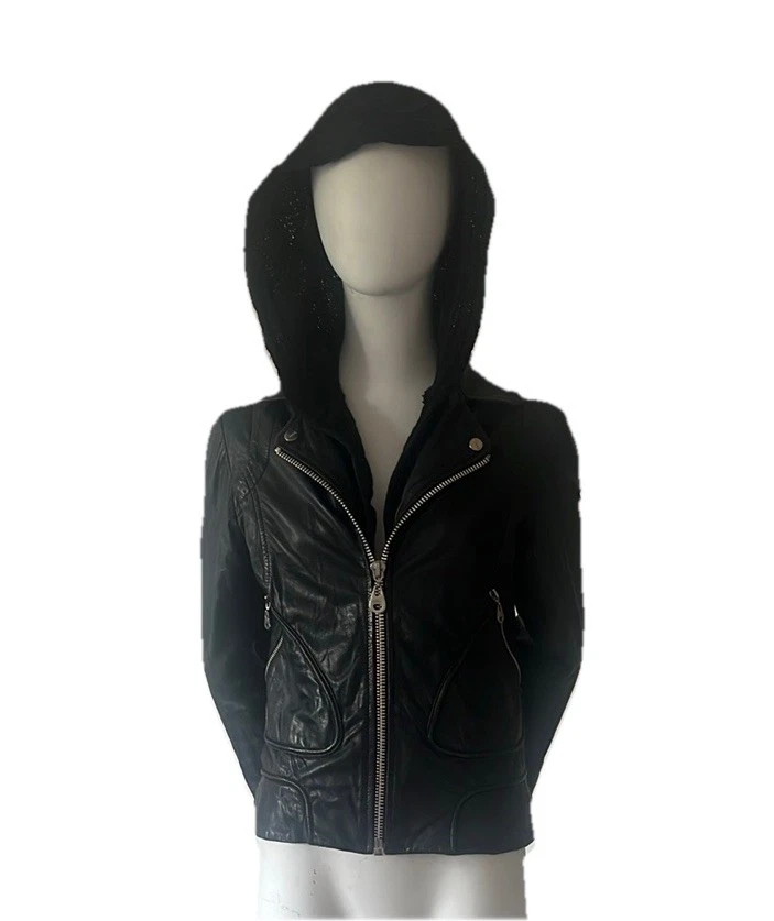 Doma Women's Leather Moto Biker Jacket Detachable Black Knit Hoodie Size M - Image 2 of 4