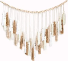  Large Macrame Wall Hanging with Wood Beads - Bohemian Wall Decor for Bedroom, 