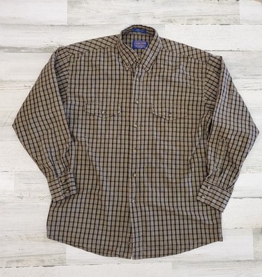 Vintage Pendleton Men's Tan Plaid Long Sleeve Wool Button Up Shirt Size Medium