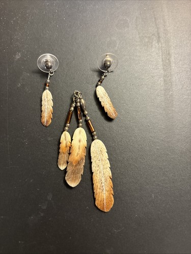 Authentic American Indian Buffalo Bone Feather Pendant And Earring Set (Signed)