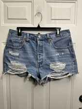Levi's 501 Women's Distressed Cut Off Blue Denim Shorts Button Fly Size 32