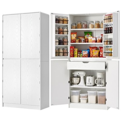 K&K 72'' Tall Farmhouse Kitchen Pantry Cabinet with 8 Door Shelves, Curved Desi