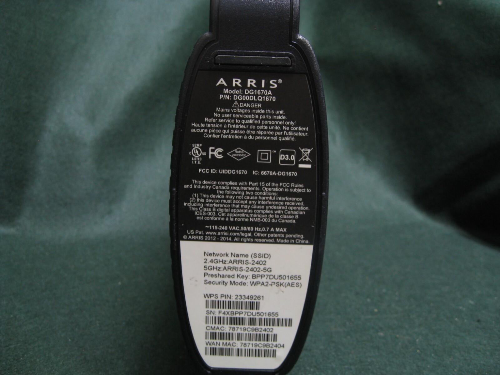 Arris DG1670A DualBand Modem/Router Power Cord Included eBay