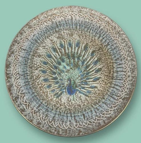 Stangl Pottery Gold/Blue CD Peacock 11 1/2” Chop Plate Kay Hackett Design 1960s