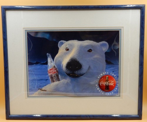 COCA COLA RHYTHM & HUES FRAMED POLAR BEAR ART SIGNED 178/2000 W/ COA ON BACK!