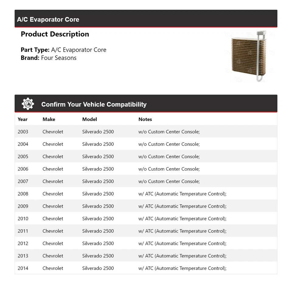 Para Chevrolet Silverado 2500 2003-2014 núcleo evaporador aire acondicionado 4 estaciones 2004 2005 Foto 2 de 4