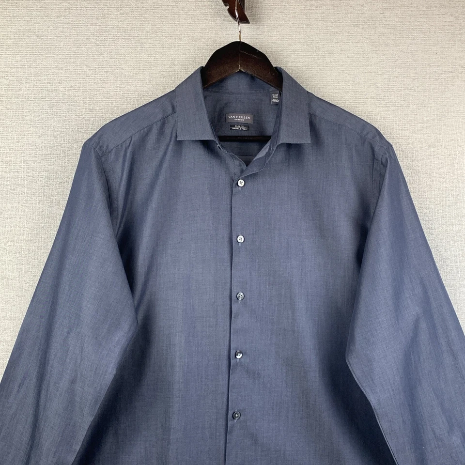 Camisa de vestir cromada con botones VAN HEUSEN para hombre talla 17-17,5 extra grande azul índigo Foto 2 de 4