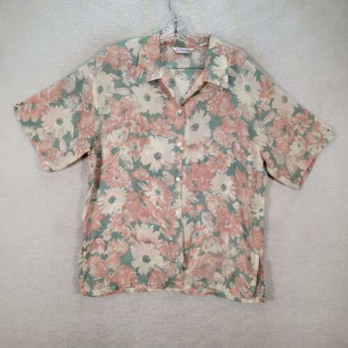 Vtg 90s Chian Chen Womens Top Size L Peach Floral Daisy Collared Button Blouse - Afbeelding 1 van 13