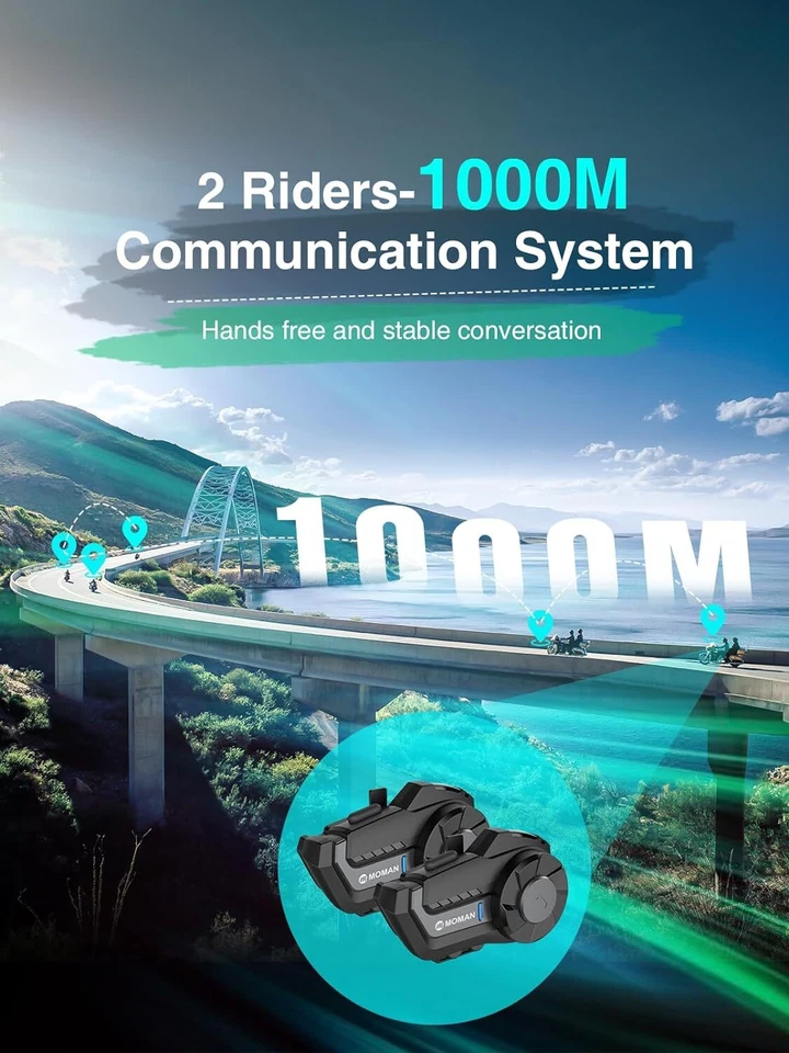 Moman H2Pro Cuffia Interfono Moto Wireless 5.1 Sistema di Comunicazione 1000M  - Immagine 3 di 4