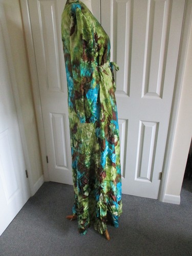 Handmade - Retro blue/green/brown silky feel empire line long dress - Size L - Picture 5 of 8