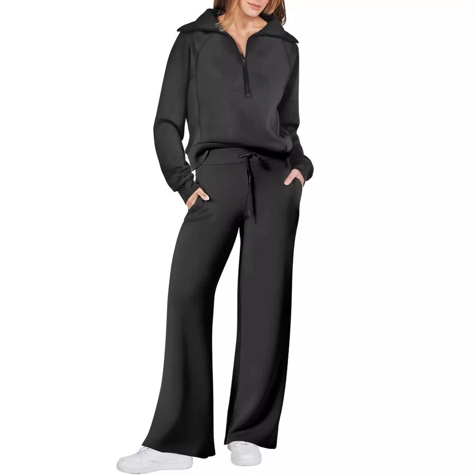 Zippered long-sleeved hoodie set with wide-leg pants - Image 3 of 4