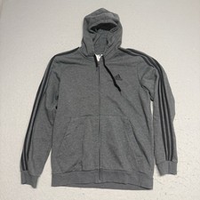 Adidas Mens Fleece Hoodie Sweatshirt Full Zip Grey Black Stripe, Sz L